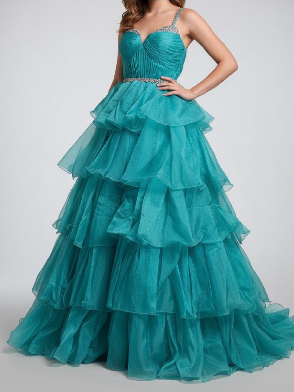 Ava Presley Teal Tiered Ruffled Prom Gown with Sweetheart Bodice